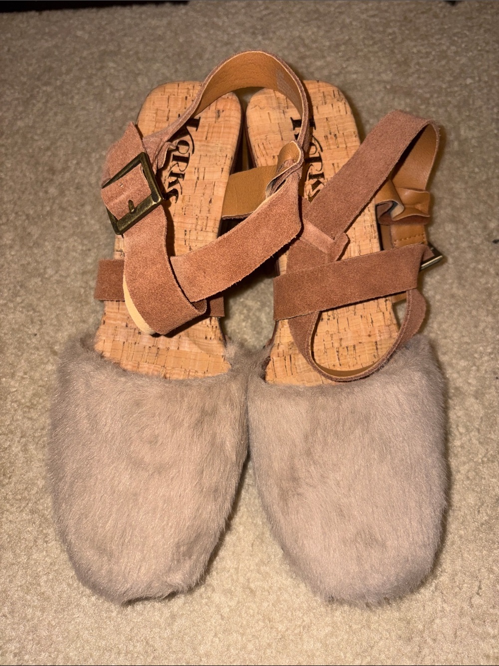 Kork-Ease Women's Tan Suede & Taupe Faux Fur Cork Mules
